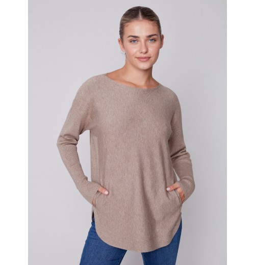 Knit Sweater with Back Lace-up Detail - Truffle