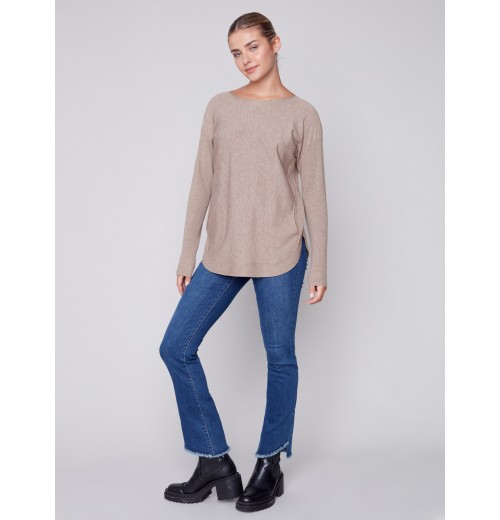 Knit Sweater with Back Lace-up Detail - Truffle