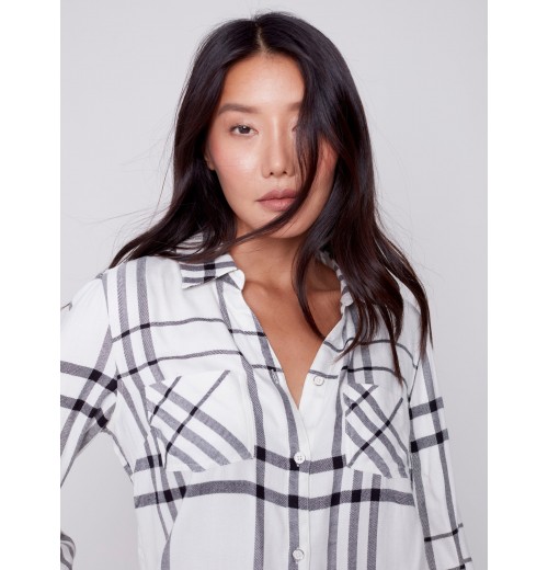 Soft Plaid Button-Down Shirt - Ecru