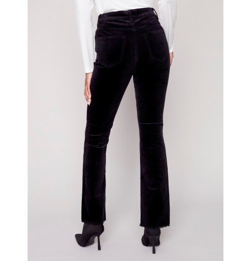 Bootcut Corduroy Pants with Asymmetrical Fringed Hem - Black