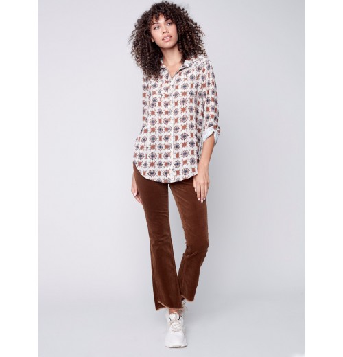 Bootcut Corduroy Pants with Asymmetrical Fringed Hem - Truffle