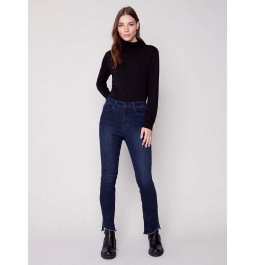 Bootcut Jeans with Asymmetrical Fringed Hem - Blue Black