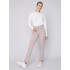 Bootcut Twill Pants with Asymmetrical Fringed Hem - Almond