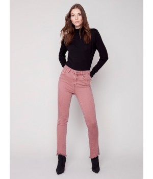 Bootcut Twill Pants with Asymmetrical Fringed Hem - Raspberry