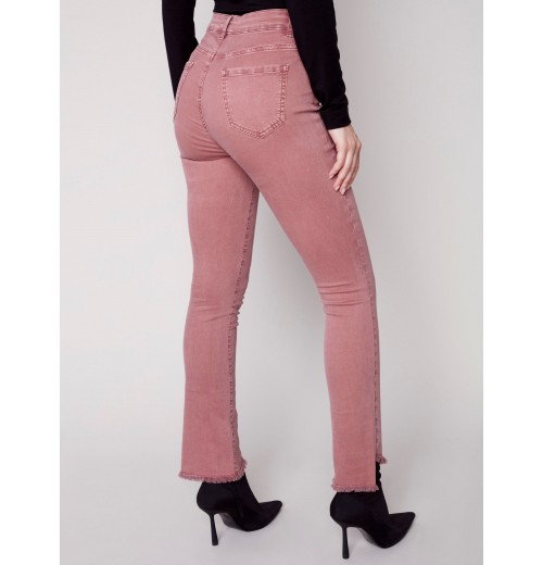 Bootcut Twill Pants with Asymmetrical Fringed Hem - Raspberry