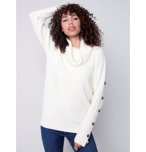 Cowl Neck Sweater with Button Detail - Ecru