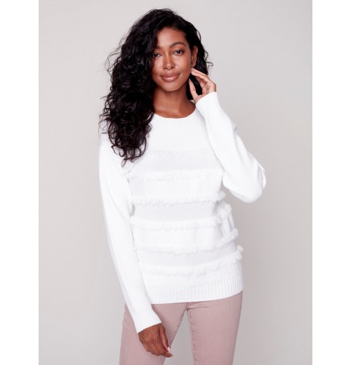 Crew Neck Sweater with Frayed Detail - Cream