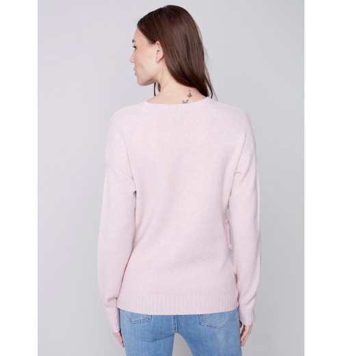 Crew Neck Sweater with Frayed Detail - Powder