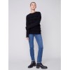 Crew Neck Sweater with Frayed Detail - Black