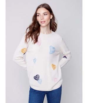 Embroidered Hearts Sweater - Ecru