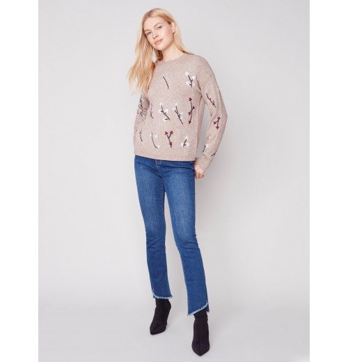 Embroidered Round Neck Sweater - Almond