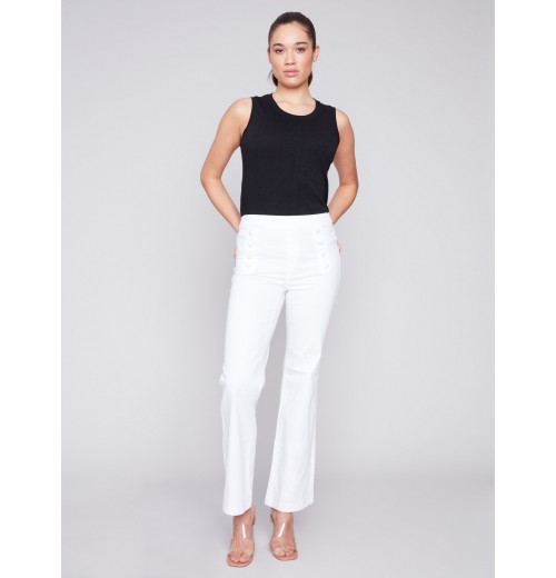 Flare Twill Pants with Decorative Buttons - White