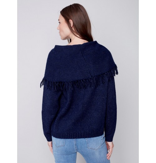 Fringed Cowl Neck Sweater - Denim