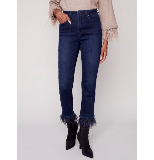 Jeans with Removable Feather Hem - Blue Black