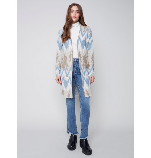 Long Jacquard Knit Cardigan - Denim