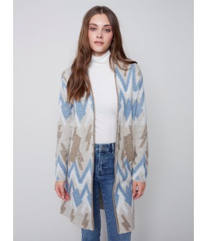 Long Jacquard Knit Cardigan - Denim