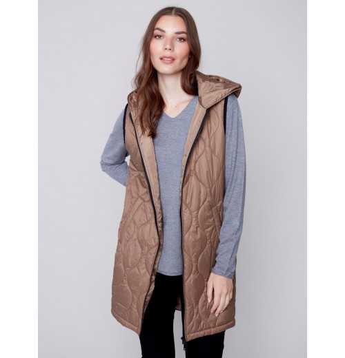 Long Quilted Puffer Vest with Hood - Truffle