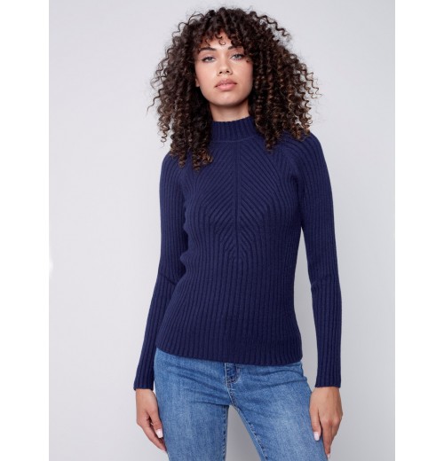 Mock Neck Rib Sweater - Navy