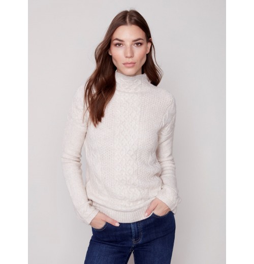 Mock Neck Sweater with Honeycomb Stitch - Almond