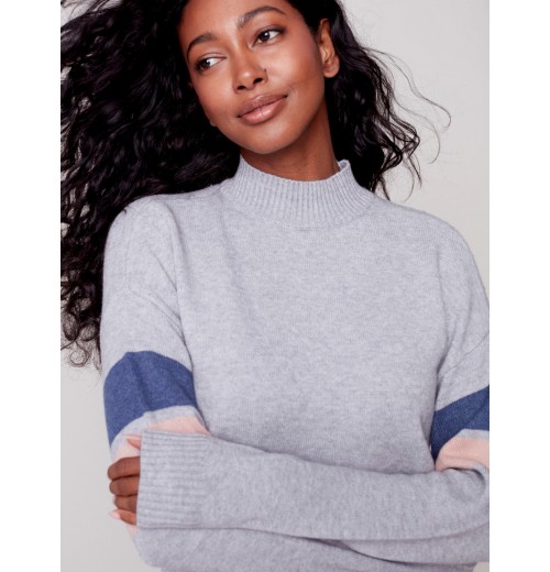 Mock Neck Sweater with Smiley Stitching - Gray