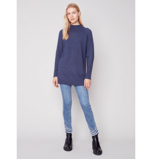 Mock Neck Tunic Sweater - Denim