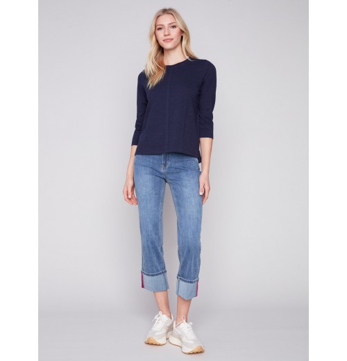 Organic Cotton Slub Knit Top - Navy