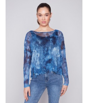 Printed Crinkle Mesh Top - Denim