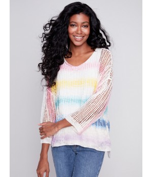 Printed Fishnet Crochet Sweater - Rainbow