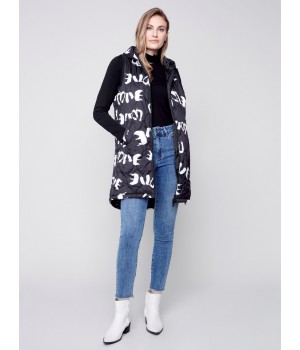 Printed Long Quilted Puffer Vest with Hood - Black & Cream