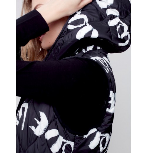 Printed Long Quilted Puffer Vest with Hood - Black & Cream