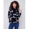 Printed Ottoman Cotton Funnel Neck Sweater - Black & White