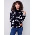 Printed Ottoman Cotton Funnel Neck Sweater - Black & White