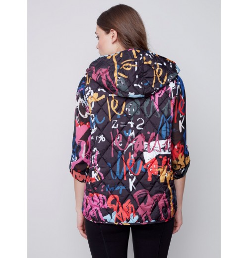 Printed Quilted Puffer Vest with Hood - Graffiti