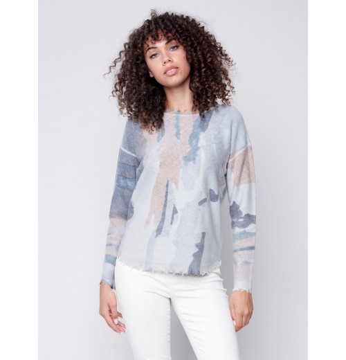 Reversible Printed Sweater with Frayed Edge - Truffle