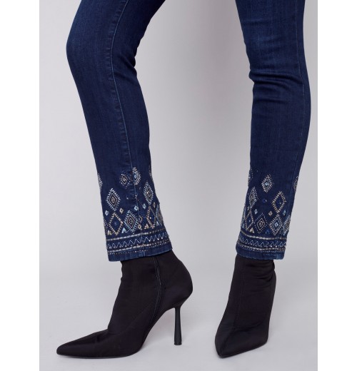 Slim Leg Jeans with Geometric Embroidery - Blue Black