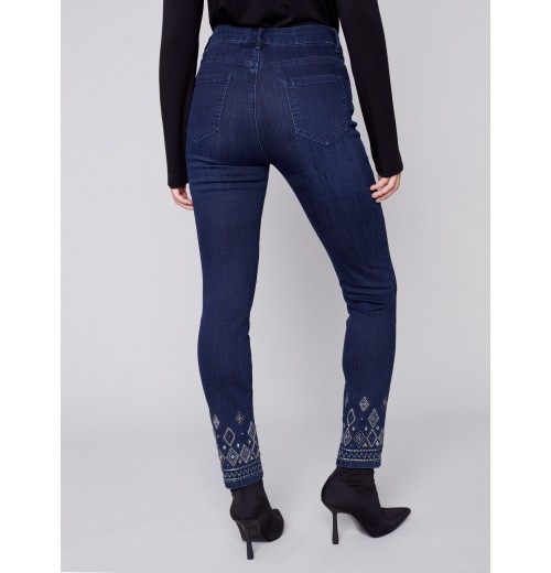 Slim Leg Jeans with Geometric Embroidery - Blue Black