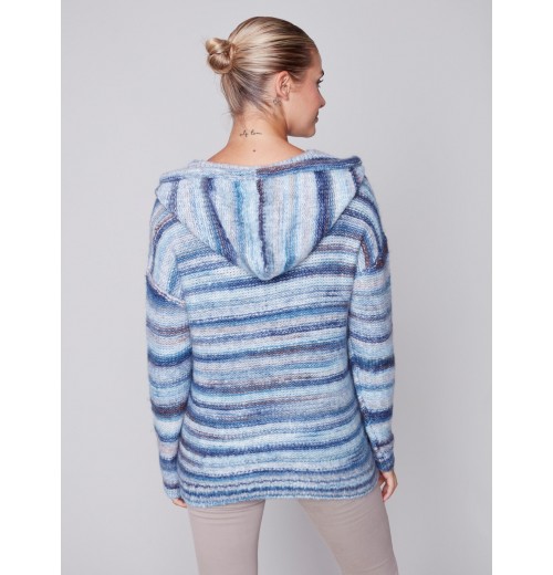 Striped Hooded Sweater with Kangaroo Pocket - Denim