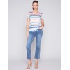 Striped V-Neck Linen T-Shirt - Pastel