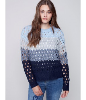 Striped Net Stitch Sweater - Indigo