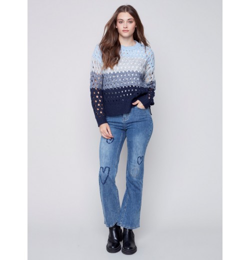 Striped Net Stitch Sweater - Indigo