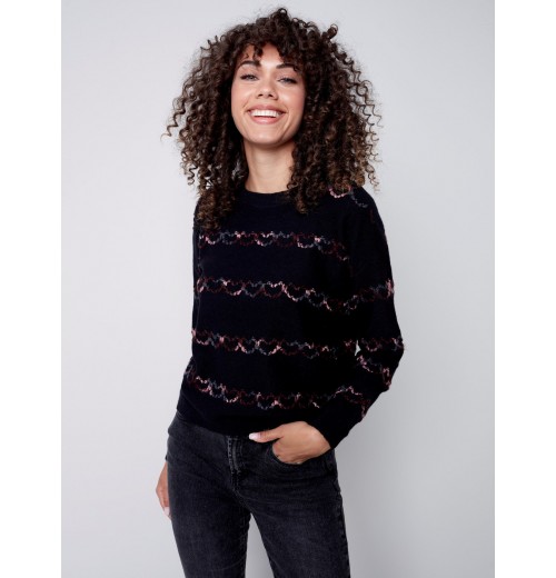 Sweater with Embroidered Hearts - Black