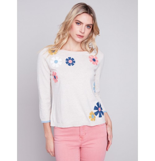 Sweater with Flower Patches - Beige