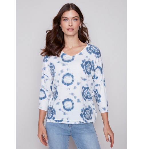 Tie Dye V-Neck Knit Top - Indigo