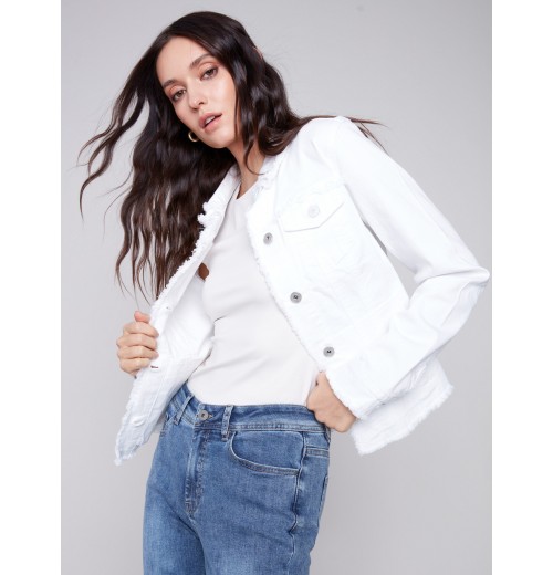 Twill Jean Jacket with Frayed Edges - White