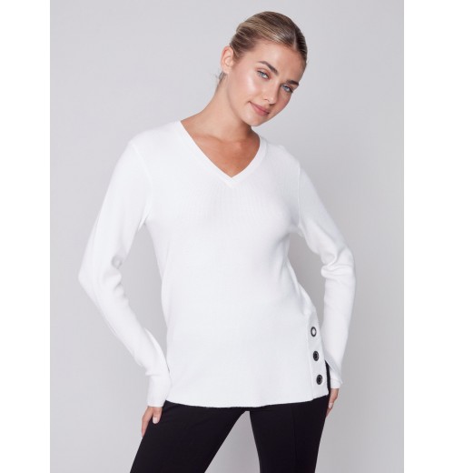 V-Neck Sweater with Grommet Detail - Cream