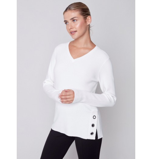 V-Neck Sweater with Grommet Detail - Cream