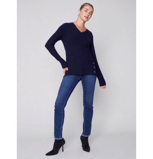 V-Neck Sweater with Grommet Detail - Navy