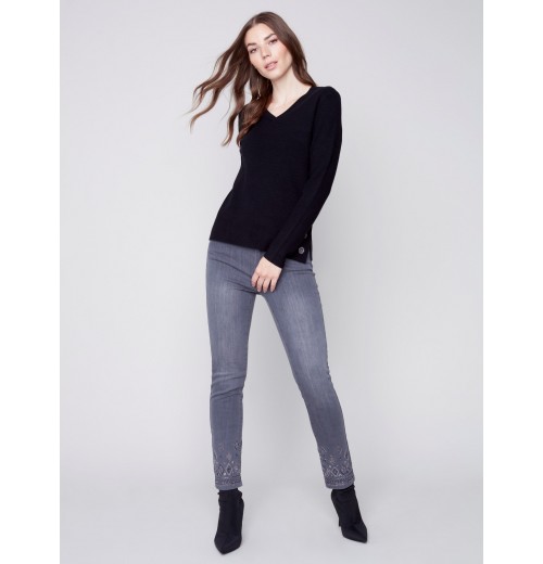 V-Neck Sweater with Grommet Detail - Black